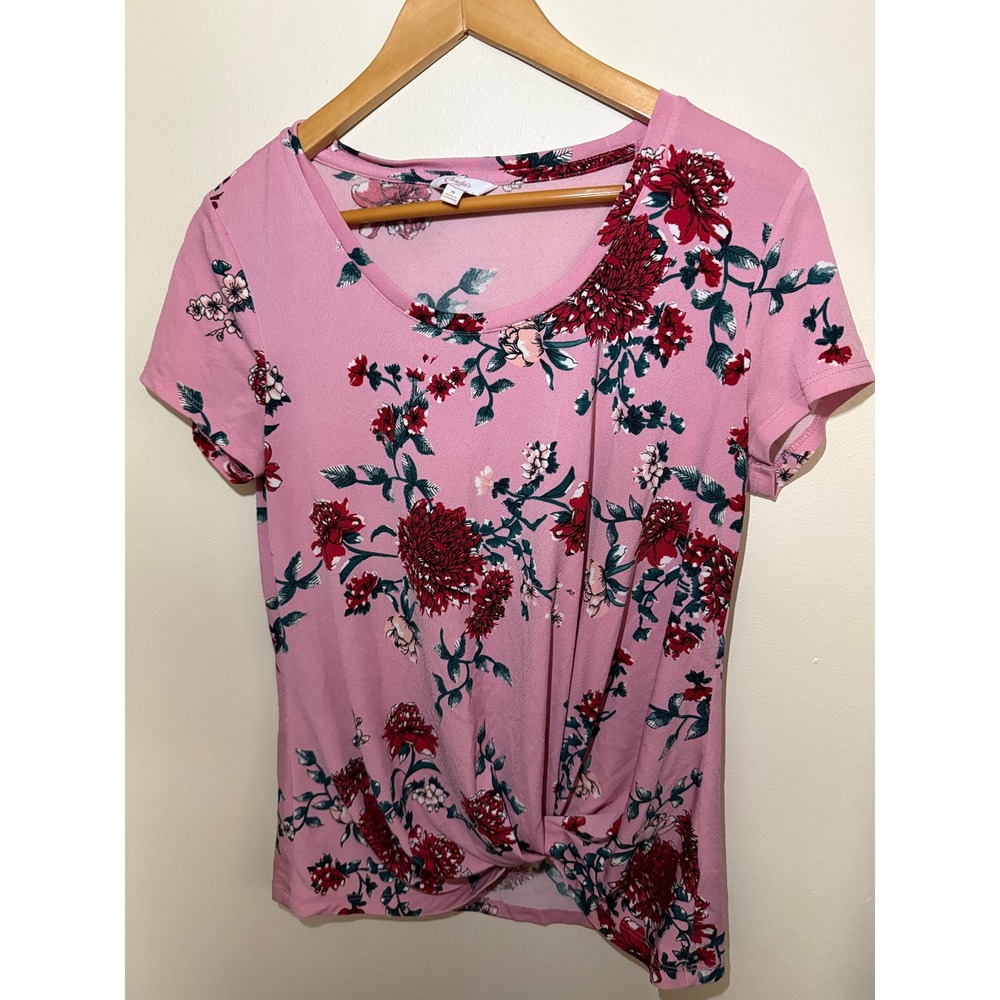 Candies Pink Floral Twist Front Knot Short Sleeve Scoop Neck Top Womens Medium